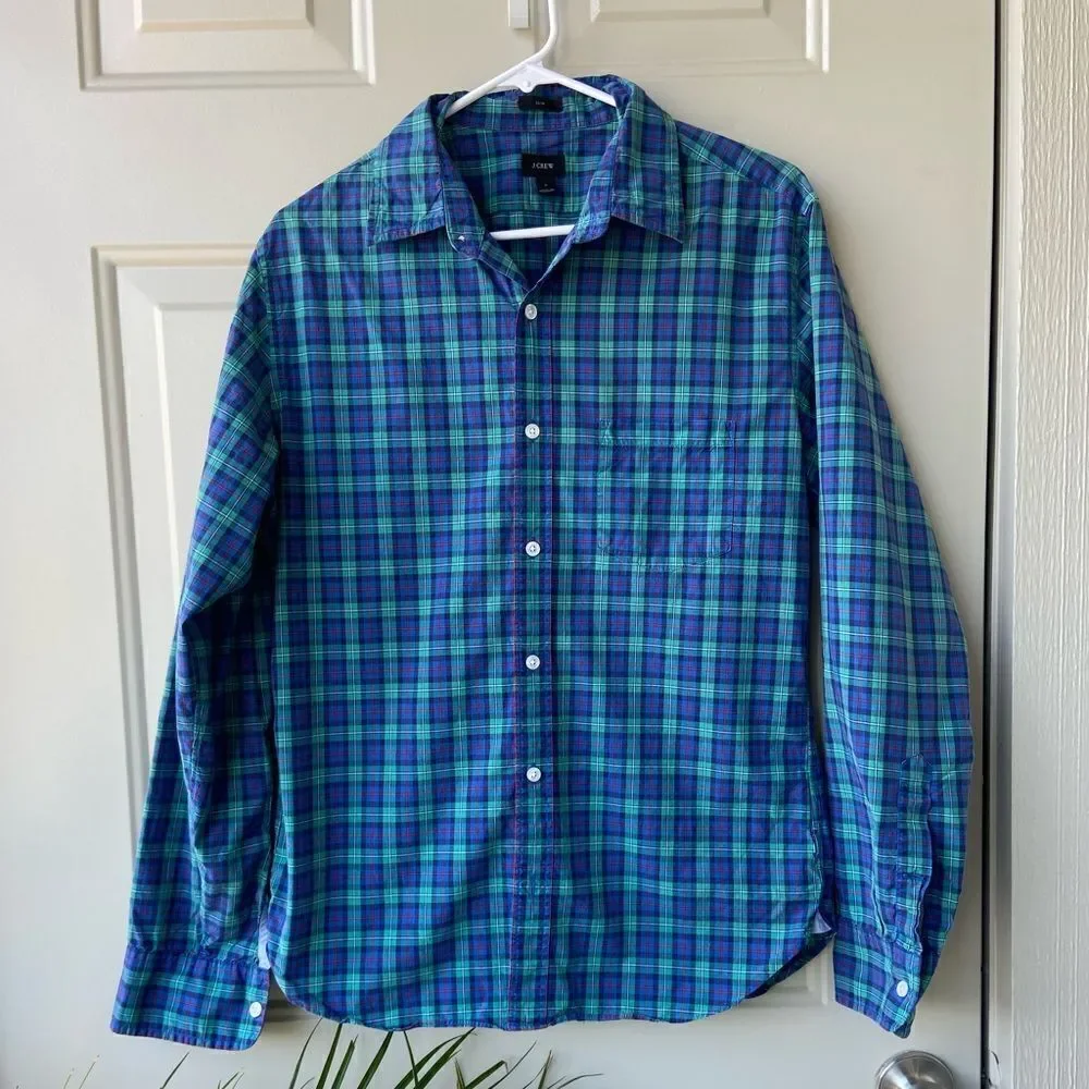 J.Crew‎ Dress Shirt Slim Fit Green Blue Plaid Size Medium Adult Mens